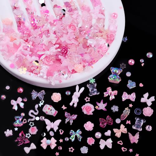 Sinyanail 300pcs Pink Nail Art Charms Kit with Resin Gems Rhinestones Pearls and Sequins