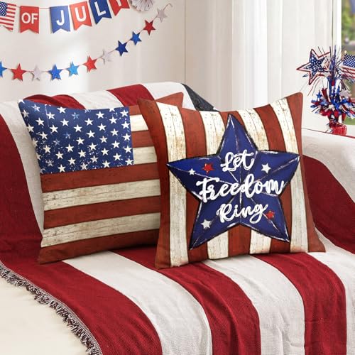 OTOSTAR 4th of July Throw Pillow Covers, Star Flag Patriotic Set of 4, 16x16