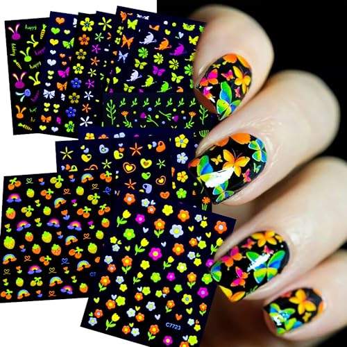 24 Sheets Fluorescent Nail Art Stickers 3D Colorful Flower Butterfly Decals
