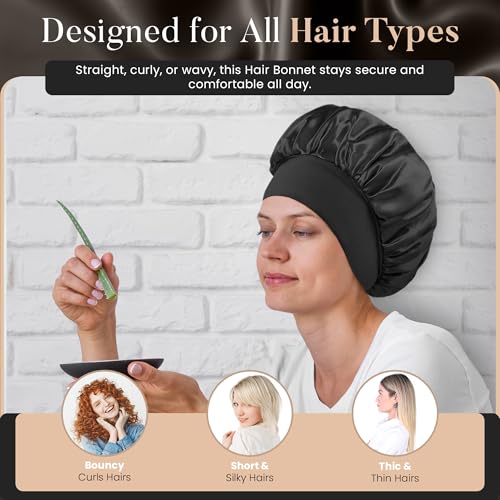 Merdia 2 PCS Satin Hair Bonnet for Sleeping and Shower Cap Black 11.8 Inch