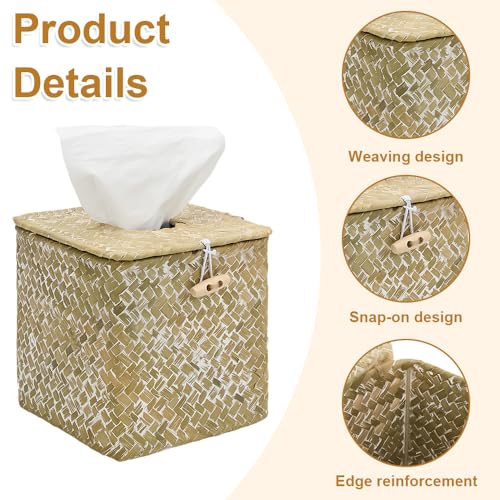 JBESUHI Square Whitewash Seagrass Tissue Box Cover - Rustic Woven Holder