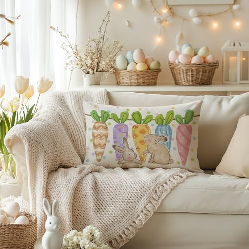 Easter Bunny Pillow Cover 12x20 Inch with Carrots & Polka Dots