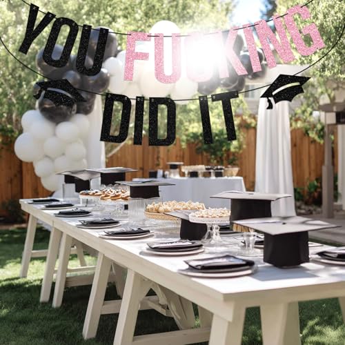 2026 Graduation Party Banner - Pink Glitter 'You Did It' Decor