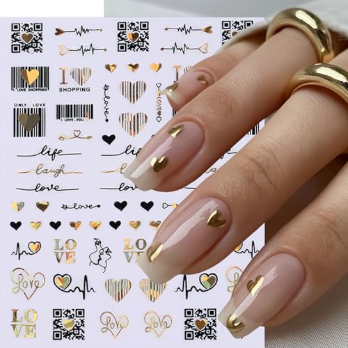 Valentine Heart Nail Art Stickers - 6 Sheets Black Gold 3D Decals
