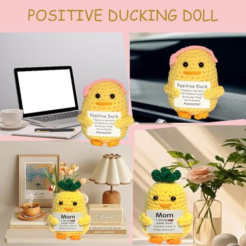 Handmade Crochet Duck with Encouragement Card - Mini Wool Knit Desk Decor