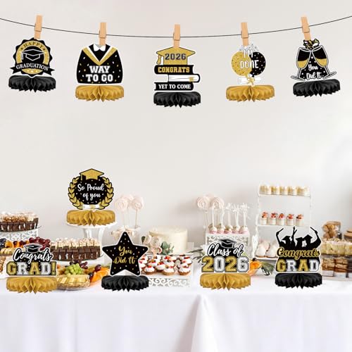 Class of 2026 Graduation Honeycomb Table Centerpieces - Black, 10-Piece Set