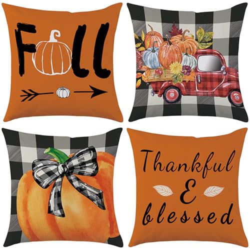 Thanksgiving Fall Pillow Covers Set of 4 - 18x18 Buffalo Check Pumpkin Truck
