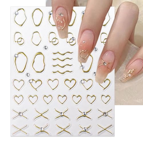 IDDFEVE Geometric Nail Art Stickers Rhinestone Gold Minimalist Decals 4 Sheets