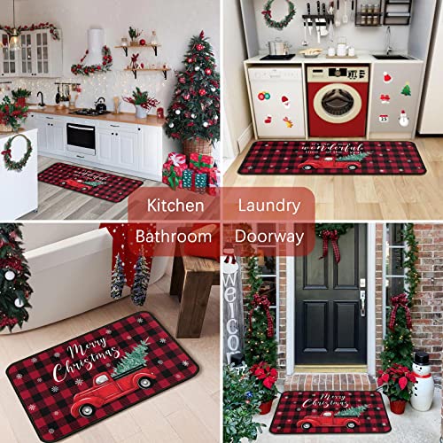 Christmas Red Truck Kitchen Rugs Set - Buffalo Plaid Non Slip Mat & Rug
