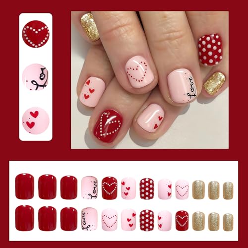 Valentine Heart Press On Nails Short Square Acrylic False Nails