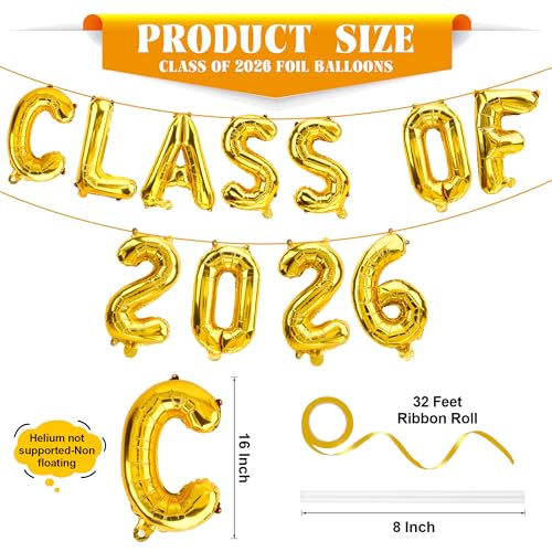 Gold Class of 2026 Balloons - 16 Inch Graduation Decor Set