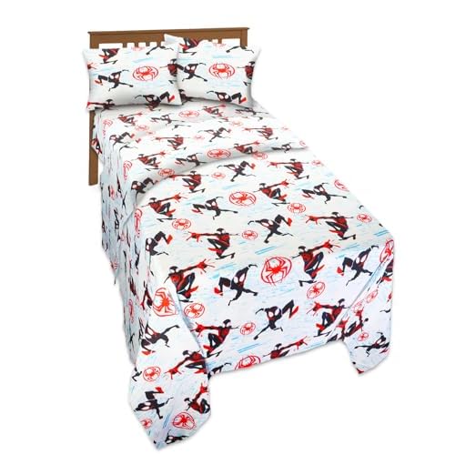 Miles Morales Bedding Set - Spiderverse Bedroom Decor Bundle Includes Miles Morales Pillowcases, Flat & Fitted Sheet | Spiderman Twin Bedding Set