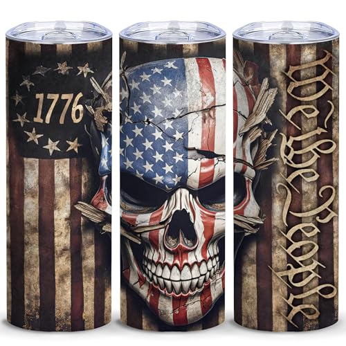 American Flag Skull 20oz Stainless Steel Tumbler with Lid - Patriotic Drinkware