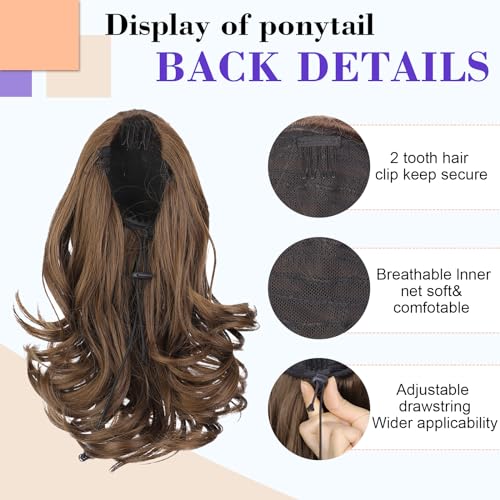 Short Wavy Ponytail Extension Drawstring Bronze Brown 11 Inch Synthetic Hair
