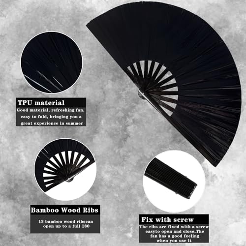 Large Folding Hand Fan for Raves, Music Festivals & Line Dancing, Black
