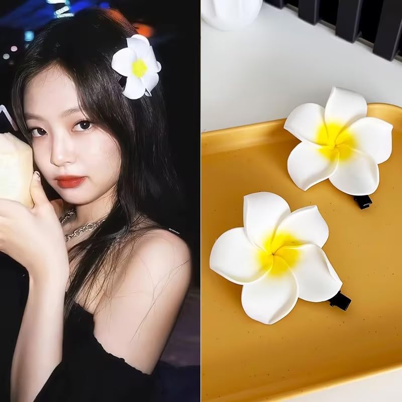 4 Pcs Hawaiian Plumeria Flower Hair Clips 7cm White and Pink Foam
