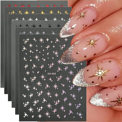 Glitter Star Nail Stickers 6-Sheet 3D Self-Adhesive Decals
