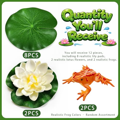 12-Piece Artificial Floating Lily Pads Set with Lotus Flowers and Frogs