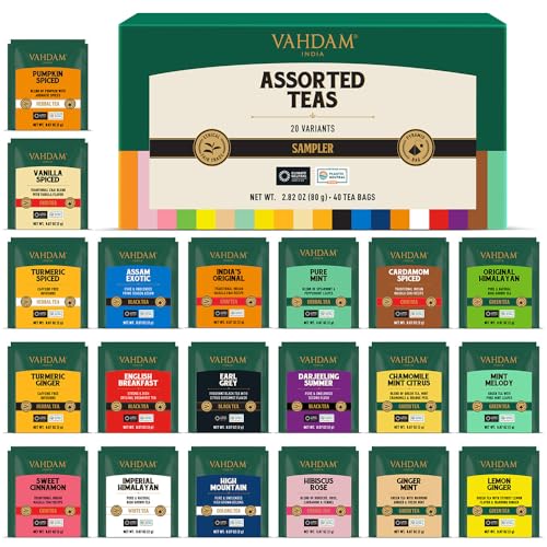VAHDAM Tea Sampler Gift Set, 40 Assorted Pyramid Tea Bags (20 Flavors)