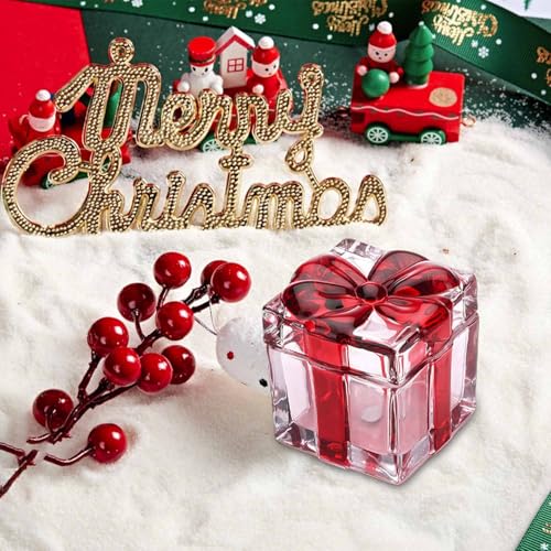 Red Square Crystal Candy Dish with Bowknot Lid, Glass Christmas Decor - 1 Pack