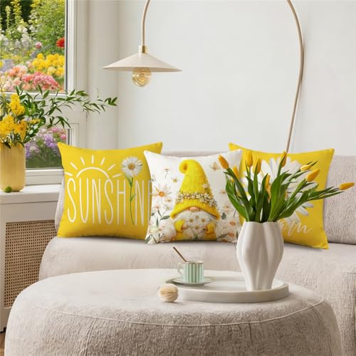 MODOVOS Spring Summer Floral Daisy Gnomes Throw Pillow Covers Set of 4