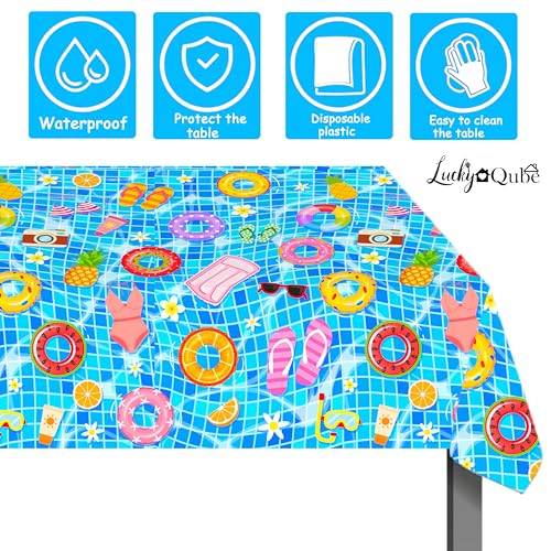 Disposable Pool Party Tablecloth - Blue Hawaiian Theme, Waterproof
