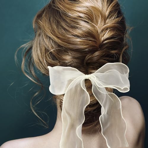 STSTR 2Pcs Large Beige Organza Hair Bow Ties, Long Tail Bowknot Scrunchies
