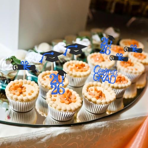 Class of 2026 Graduation Cupcake Toppers Blue Glitter 24 Pack