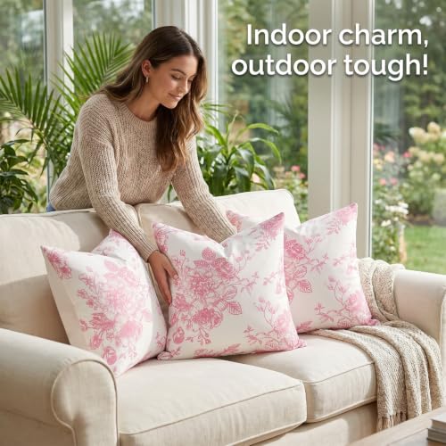 EliteBond Pink 18x18 Outdoor Waterproof Pillow Cover Set of 2 - Farmhouse Garden Decor