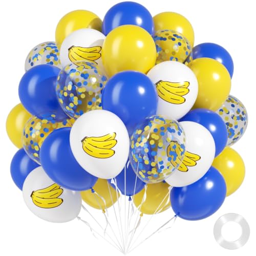 Blue Yellow White Balloon Kit 60pcs 12inch Latex Party Balloons with Print & Confetti
