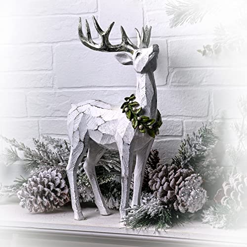 Christmas Frosted Mistletoe Deer Figurine - 16 Inch White Holiday Decor