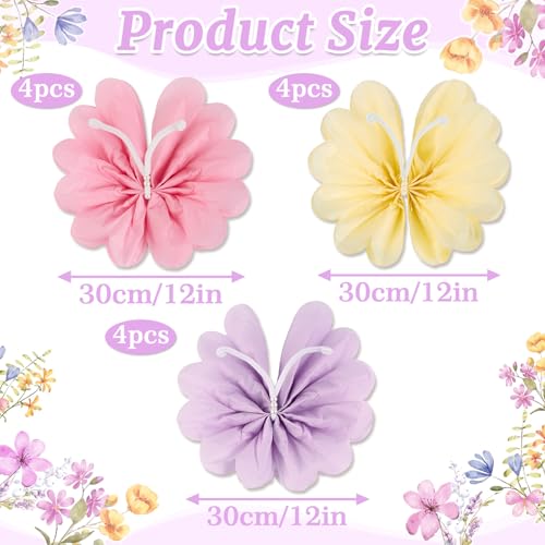 12PCS Butterfly Tissue Paper Pom Poms - Khaki, Pink & Purple Decorations