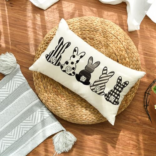 Easter Rabbits Throw Pillow Cover - 12x20 Inch Black & White Decoration