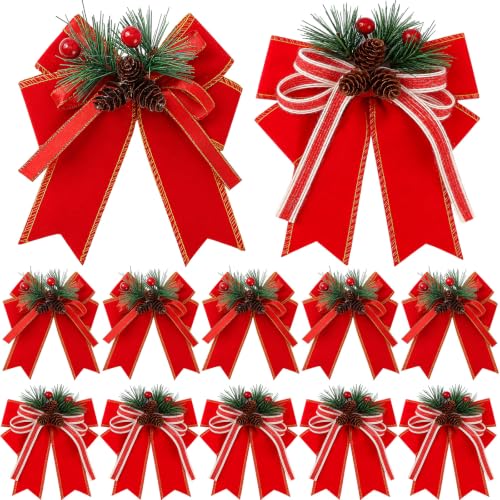 Christmas Red Velvet Bows with Pine Cones Pine Needles and Berries - 12 Pack