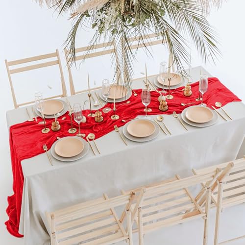 MODFUNS Gauze Cheesecloth Table Runner 35x120 Inches Red Boho Wedding Decor