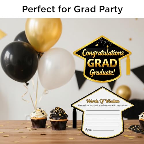 2026 Graduation Advice Cards - 50 Black & Gold Cap-Shaped Keepsakes