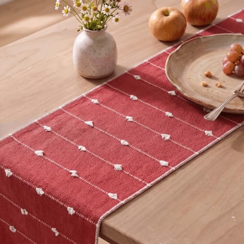 Rustic Cotton Woven Table Runner 12x72 Inch for Farmhouse Christmas Decor - Red Variation