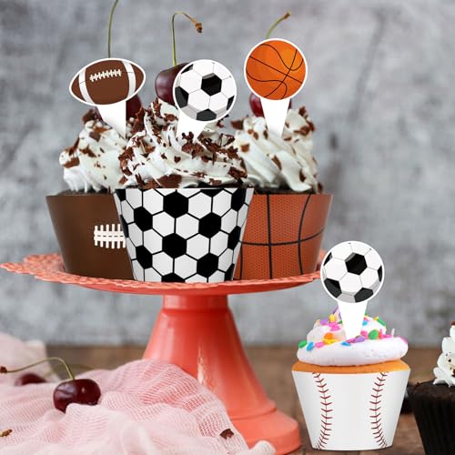 48 Pack Sports Cupcake Toppers & Wrappers for Birthday Parties