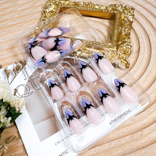 Halloween Press on Nails Short Almond False Nails Black Bat Purple French Tip