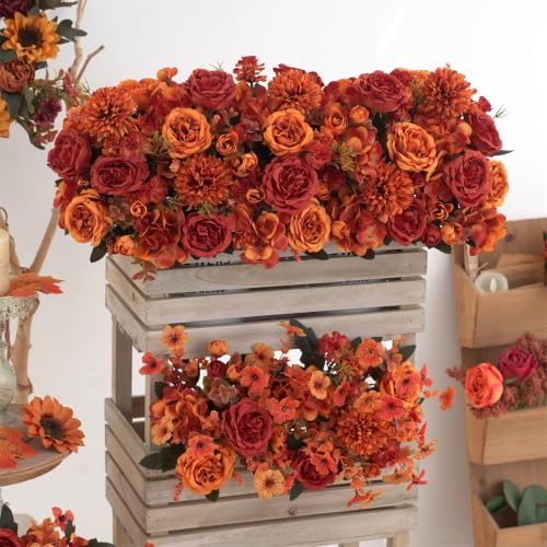 2 Pcs Artificial Fall Peony & Hydrangea Bouquet - Orange Red Silk Flowers