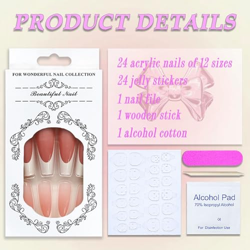 MABKJLF Long Coffin Press on Nails - French Tip Pink False Acrylic Nails