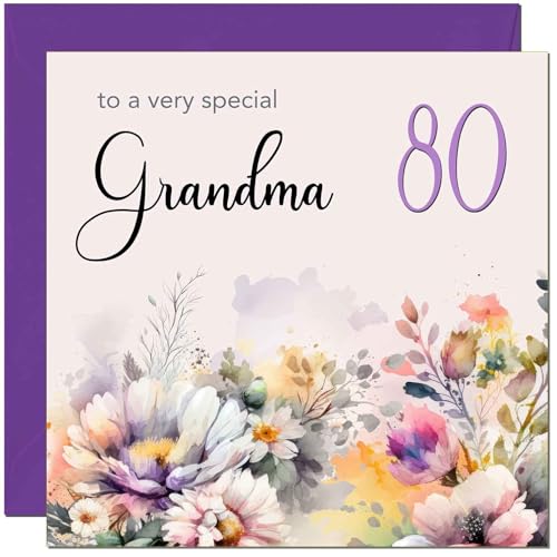80th Birthday Card for Grandmother - Purple Floral Design