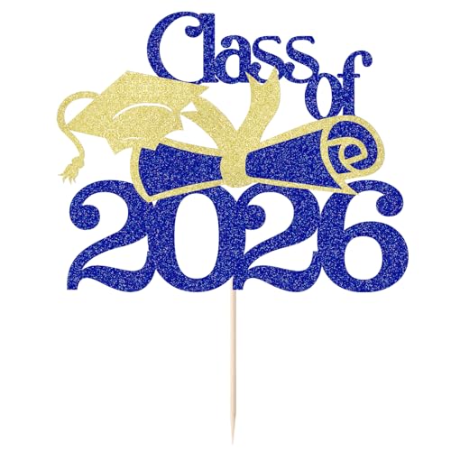 Class of 2026 Cake Topper - Dark Blue and Gold Graduation Party Decor