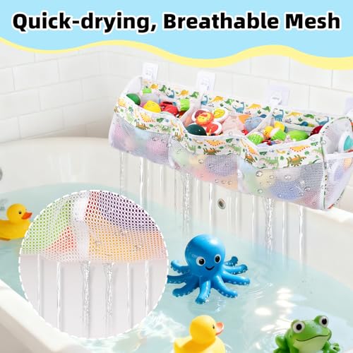 Dinosaur Bath Toy Organizer - 3 Compartment Storage with Hooks