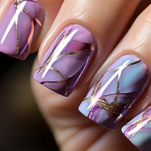 Square Purple Press on Nails with Gold Line Ombre Design False Nails