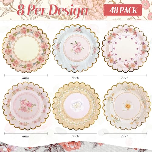 Floral 7-Inch Disposable Paper Plates - 48 PCS Scalloped Design for Parties