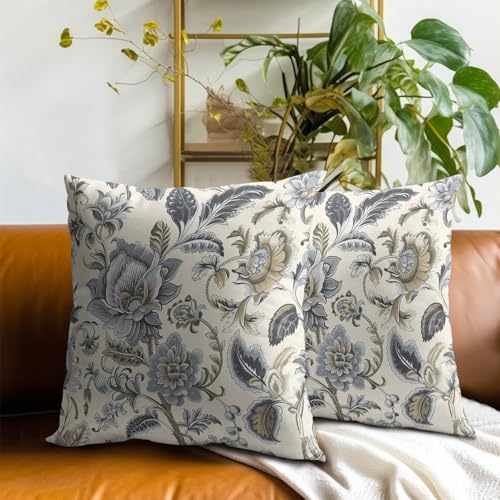 Chinoiserie Gray Floral Throw Pillow Covers 18x18 Inches - Set of 2