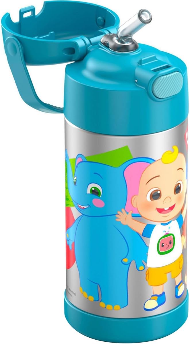 THERMOS FUNTAINER Water Bottle - 12 Ounce Kids Stainless Steel Vacuum Insulated with Straw - Cocomelon Design