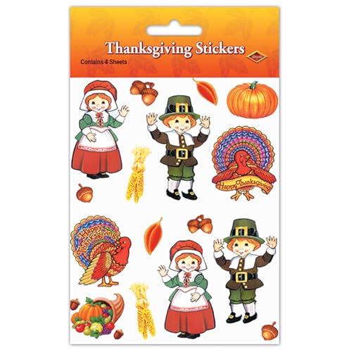 Thanksgiving Party Stickers - Pilgrim & Turkey Designs, 4 Sheets