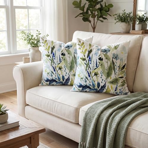 Sage Green Floral Velvet Throw Pillow Covers 18x18 - Set of 2